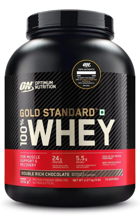on gold standard 100 % whey protein, ( double rich chocolate- 5 lbs)